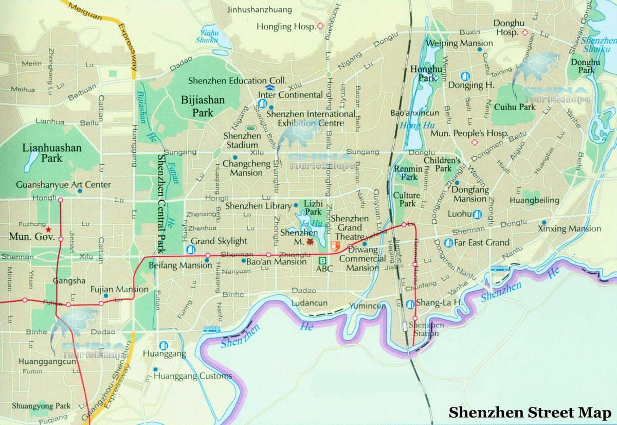 mapa de centro de la ciudad de Shenzhen